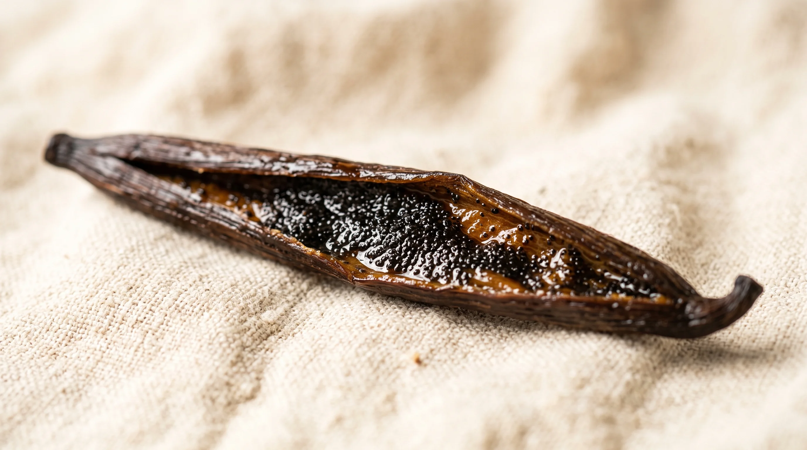 Artisanal Indonesian vanilla pods on natural organic linen cloth